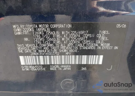 2006 Toyota Rav4 Base V6 from USA, damaged, VIN JTMZK35V165003752